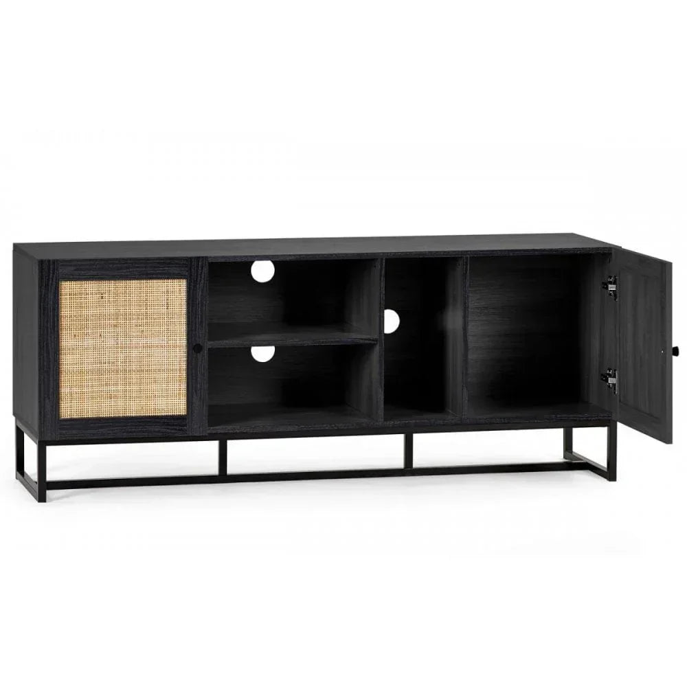 Black media unit with open shelves, rattan sliding door and side cabinet, metal base