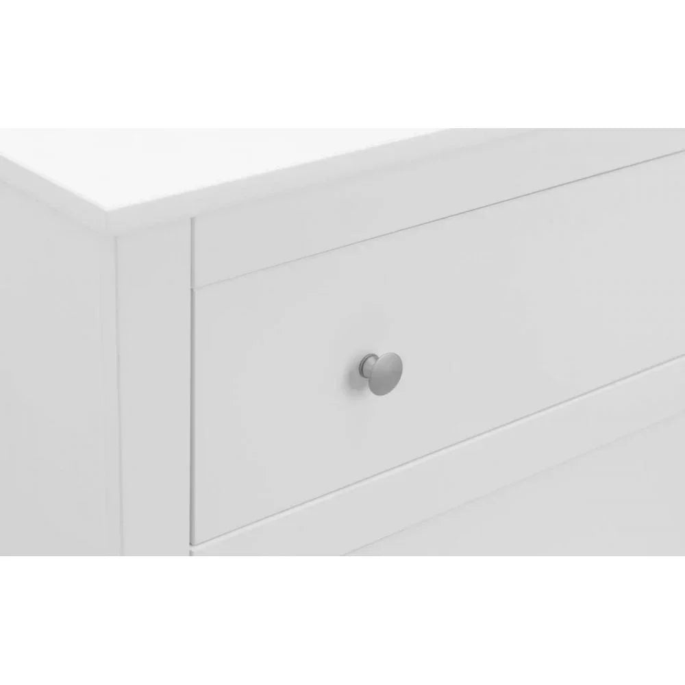 White chest of drawers with silver metal handle, close-up of top drawer front