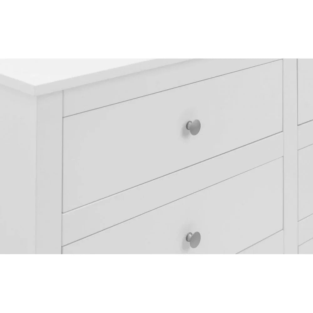 White chest of drawers with metal knobs, close-up of drawer fronts and corners