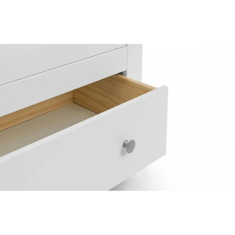 White wooden drawer with metal knob and natural wood interior detail