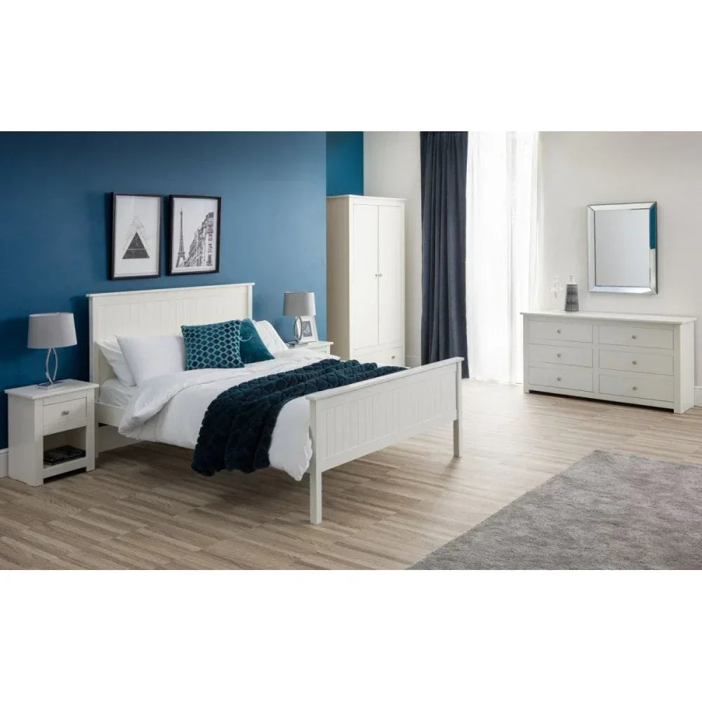White wooden bedroom furniture set with double bed, nightstands, wardrobe and dresser