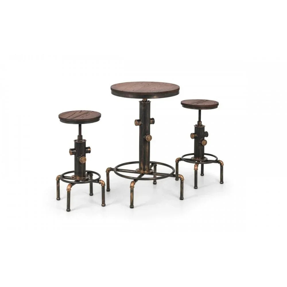 Industrial bar table and two matching stools with dark wood tops and metal pipe legs