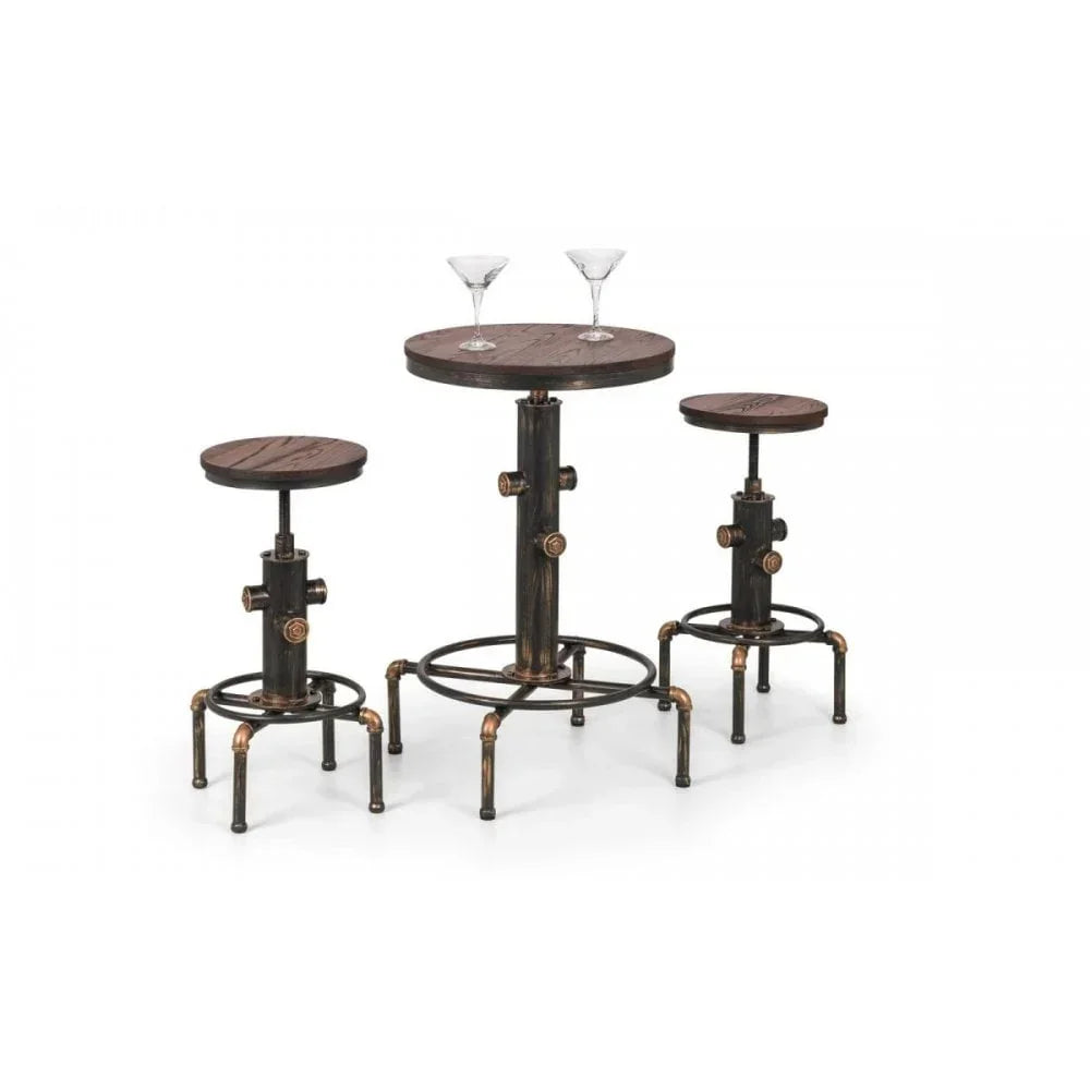 Industrial bar table with two matching adjustable stools and wooden tops