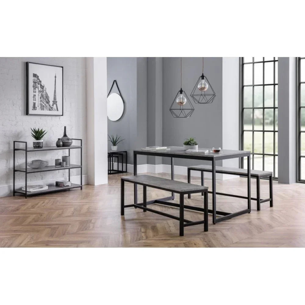 industrial dining table with benches and metal frame in bright modern room