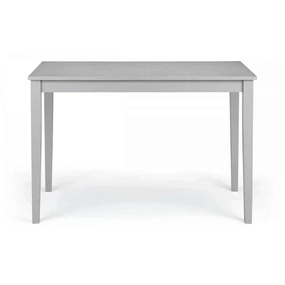 Rectangular grey dining table with slim tapered legs, shown from the front on white background
