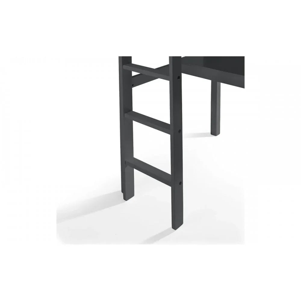Black wooden bunk bed ladder with three steps, side detail against white background