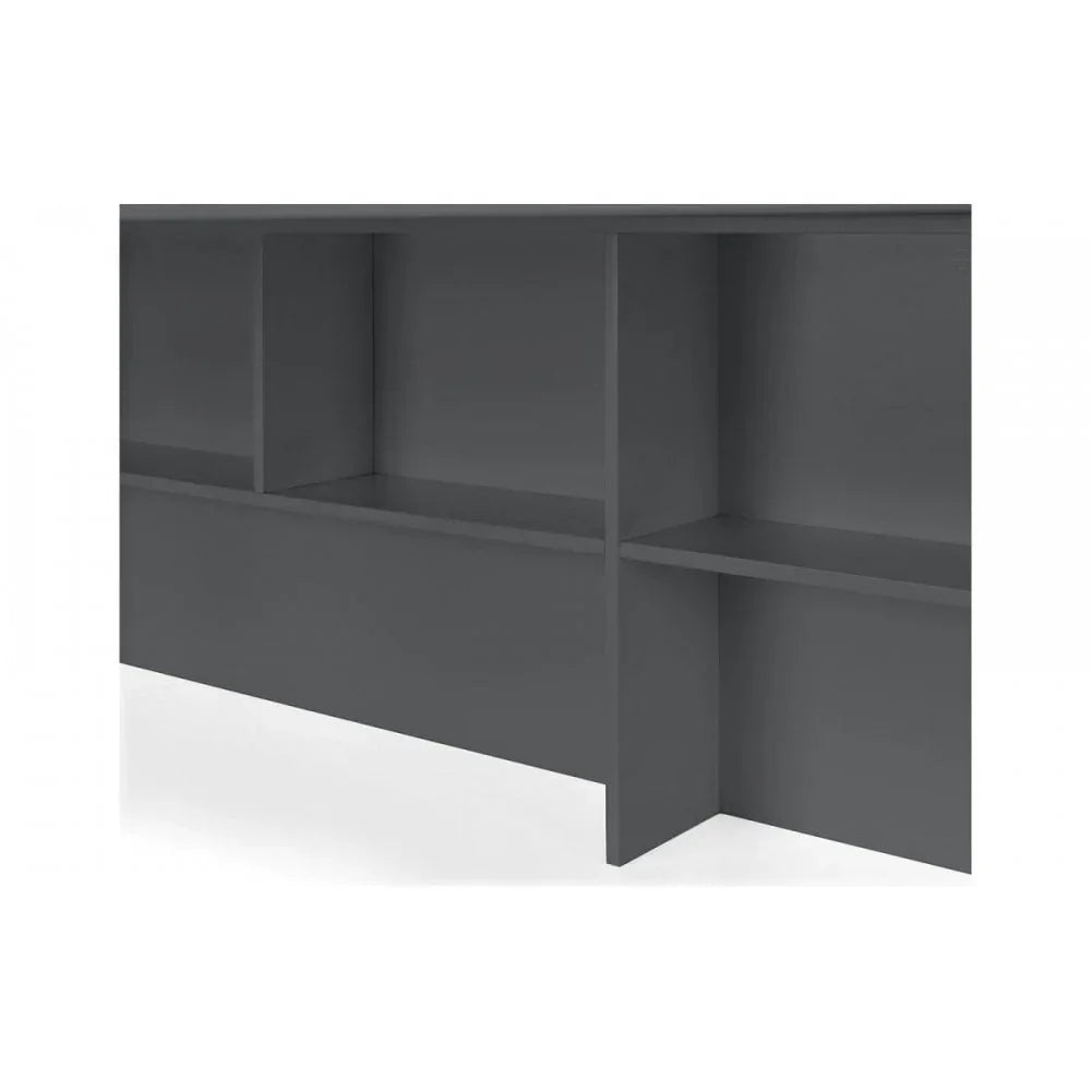 Grey wooden headboard with open storage shelves and compartment dividers