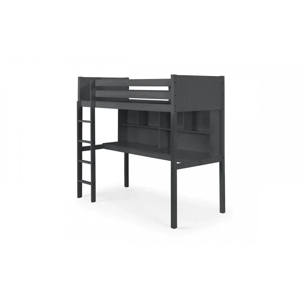 Grey wooden loft bed with side ladder, built-in desk, and upper safety rail