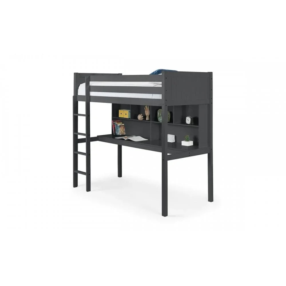 Grey wooden loft bed with built-in desk, open storage shelves, and ladder
