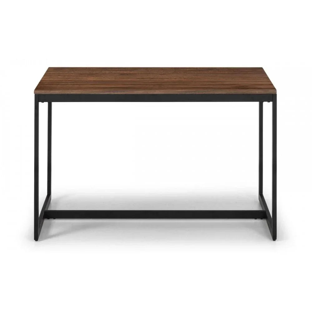 Rectangular dining table with dark wood top and black metal frame, front angle view