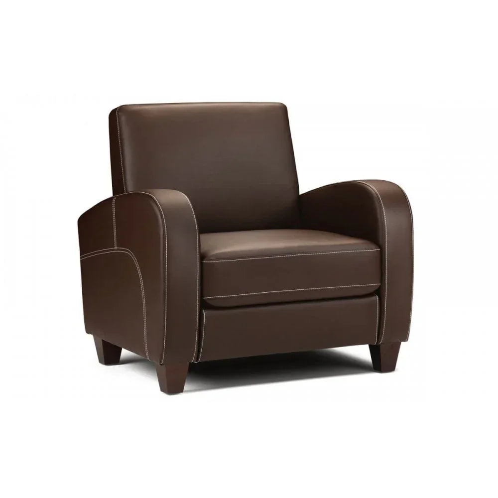 Brown leather armchair with curved arms and contrast stitching, front angle view
