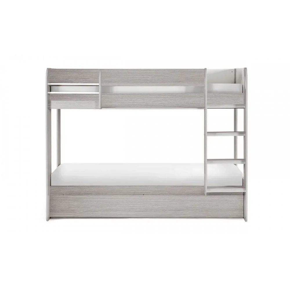 Light wood bunk bed with ladder and built-in shelf, photographed from the front