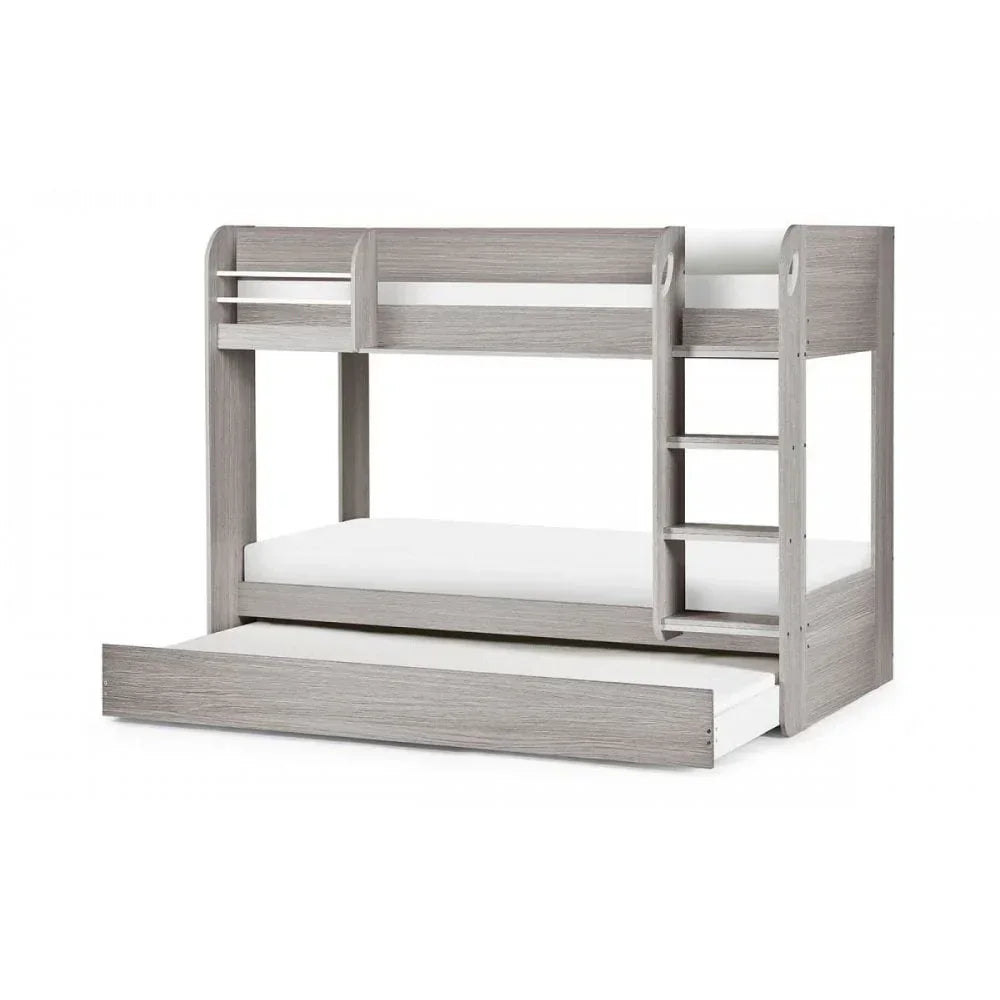 Grey wood bunk bed with ladder and pull-out trundle bed, three sleeping spaces