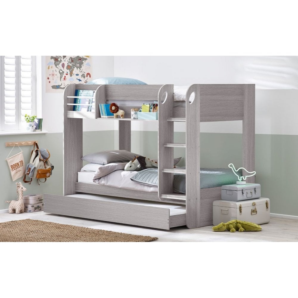 Light grey wooden bunk bed with storage drawers and ladder in kids' bedroom