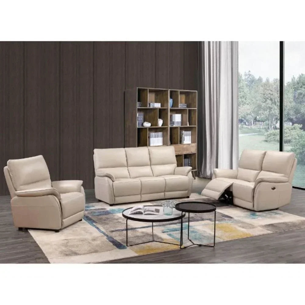 Cream leather sofa set with recliner chairs in modern living room, bookshelf and coffee tables