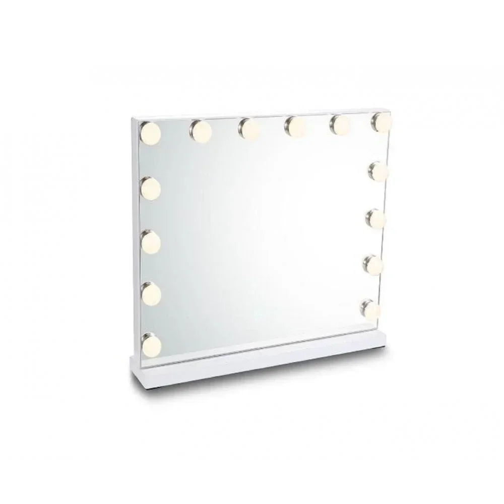 Rectangular dressing table mirror with LED bulbs and white base