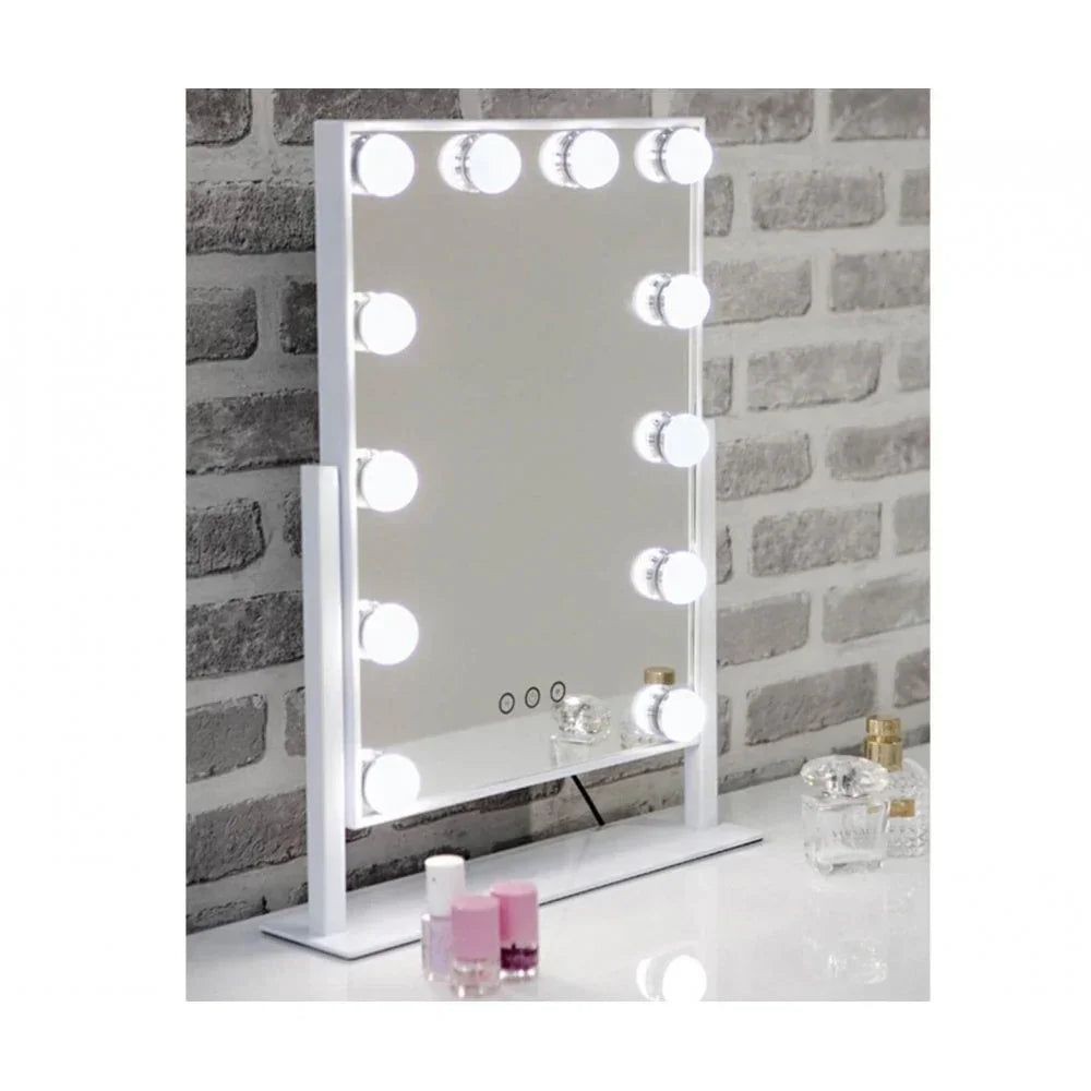 White Hollywood LED makeup mirror on tabletop with perfume and nail polish bottles