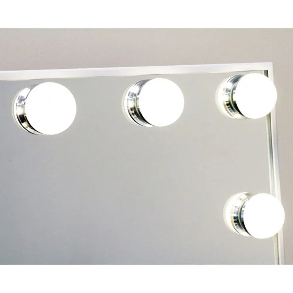 vanity mirror with four round LED lights on the upper corner edge