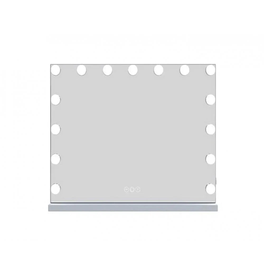 Rectangular LED vanity mirror with touch controls and lights around the frame