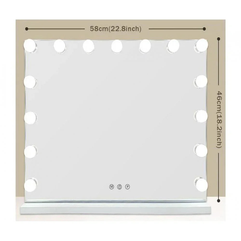Rectangular LED vanity mirror with 12 bulbs, touch controls, 58x46 cm measurements shown