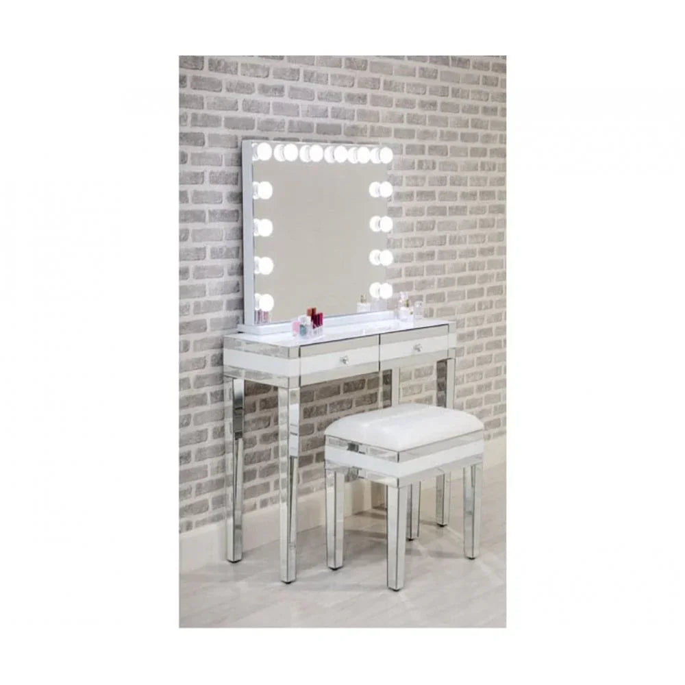 Mirrored dressing table with Hollywood lights, matching stool, and makeup storage drawers