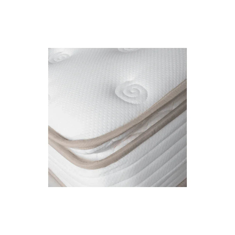 Closeup of white pillow top mattress with quilted pattern and beige trim