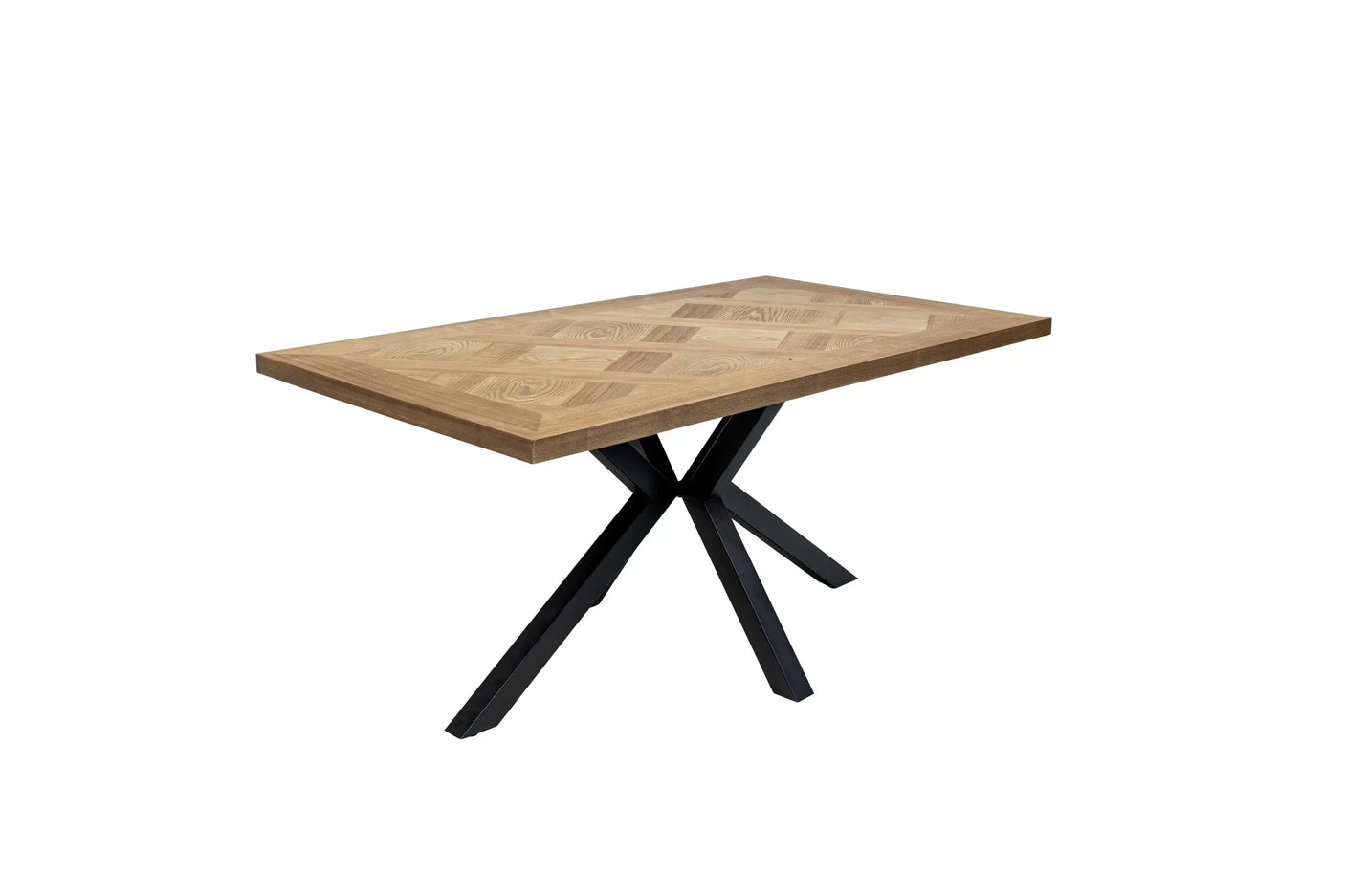 Rectangular wooden dining table with parquet top and black metal cross legs