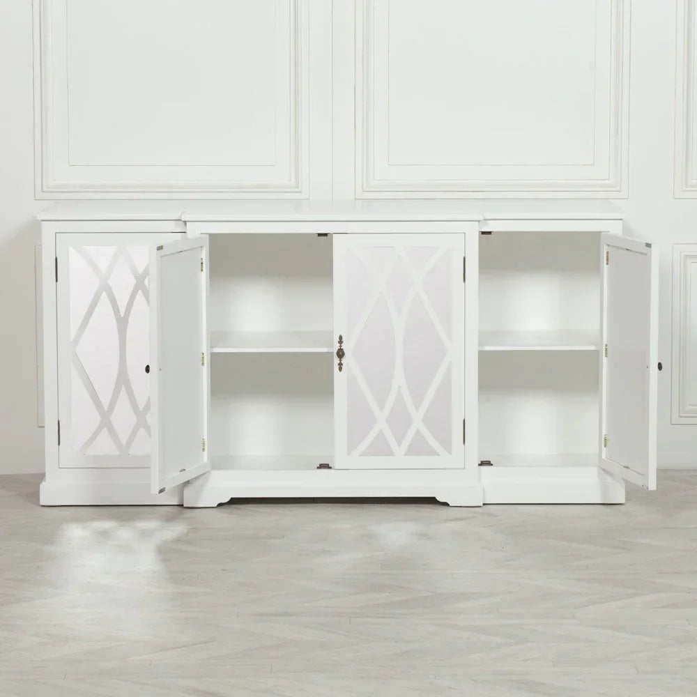 White sideboard cabinet with geometric paneled doors open showing interior shelving