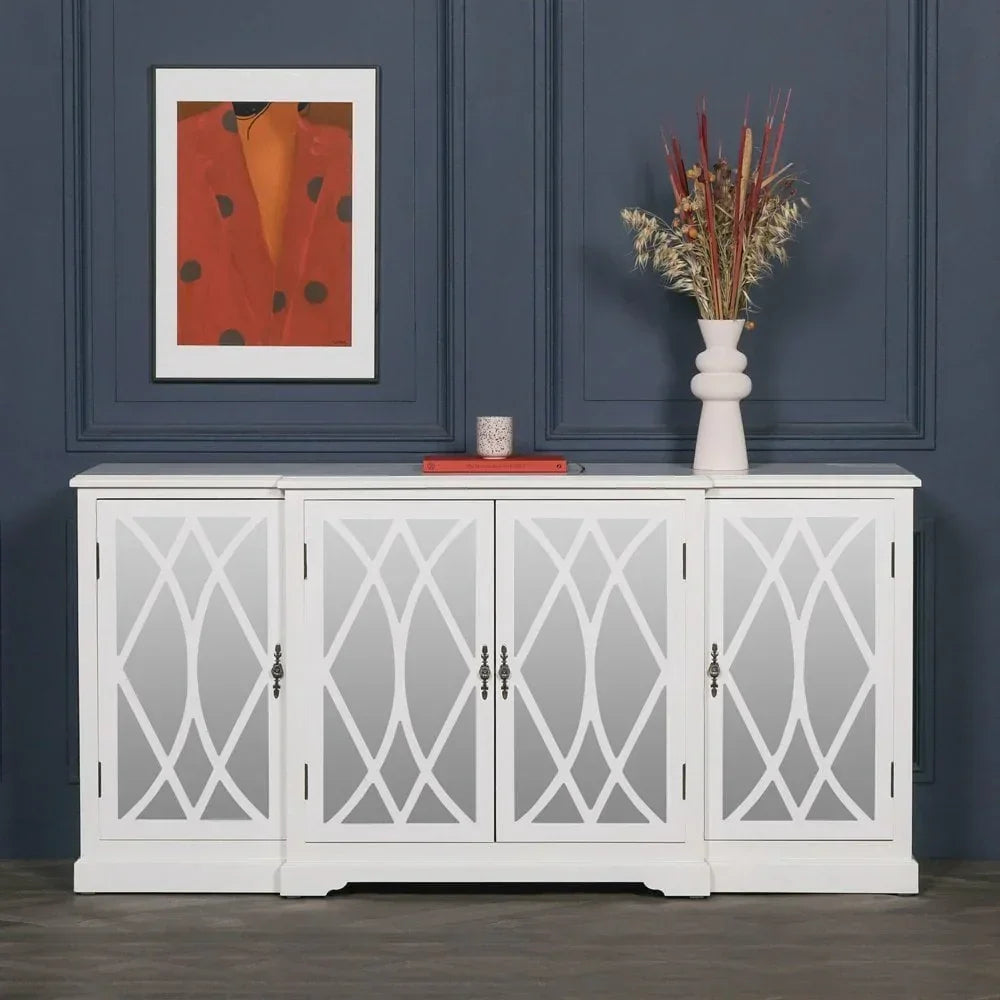 White mirrored sideboard with geometric pattern doors against dark blue wall, decorative vase on top