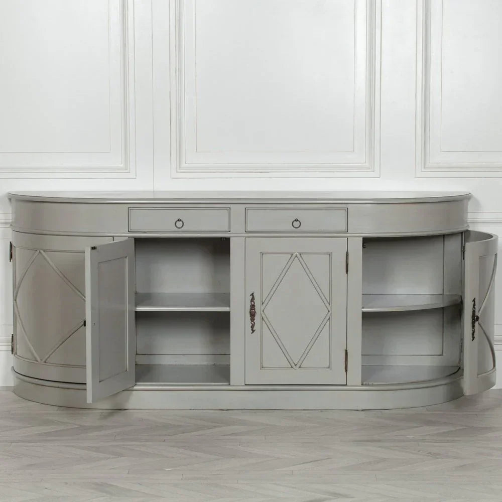 Grey sideboard cabinet with open doors, internal shelves, two drawers and diamond panels
