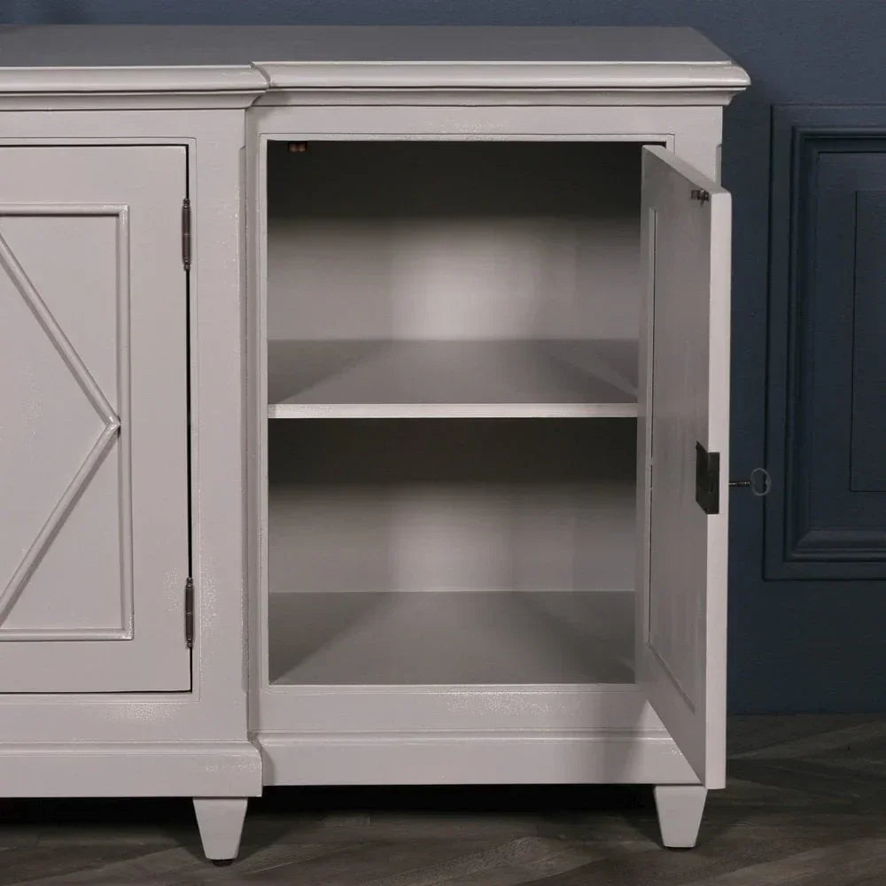 Grey wooden sideboard cabinet with open door showing two storage shelves