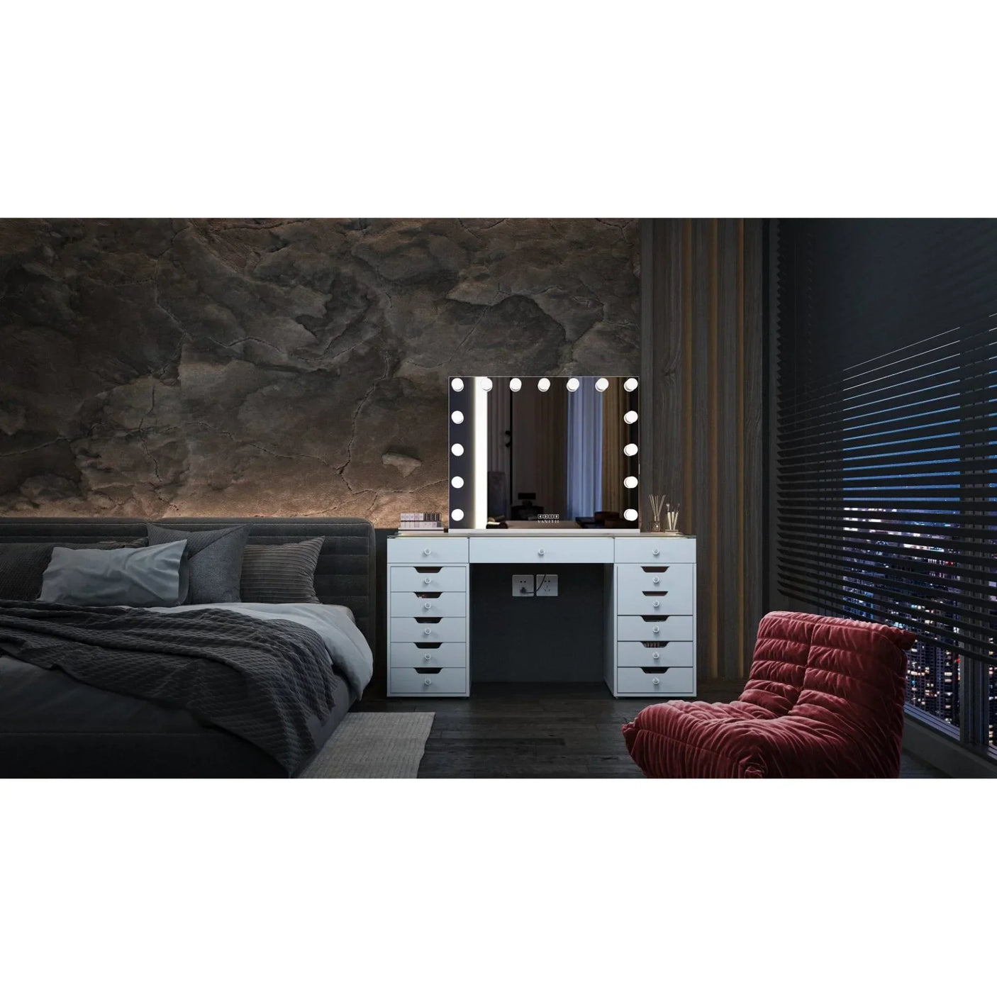 White vanity table with drawers and illuminated mirror in modern bedroom setting
