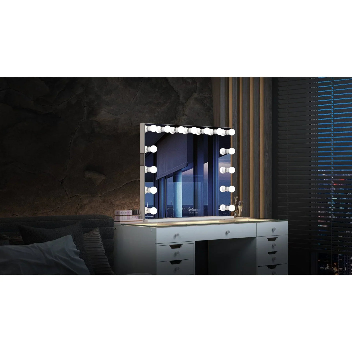 Large vanity mirror with LED lights on white makeup table in modern bedroom