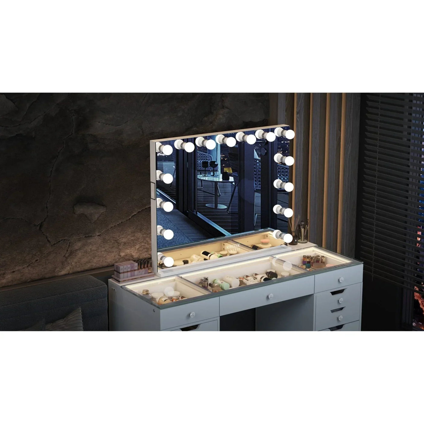 White dressing table with illuminated mirror and makeup storage drawers in modern room