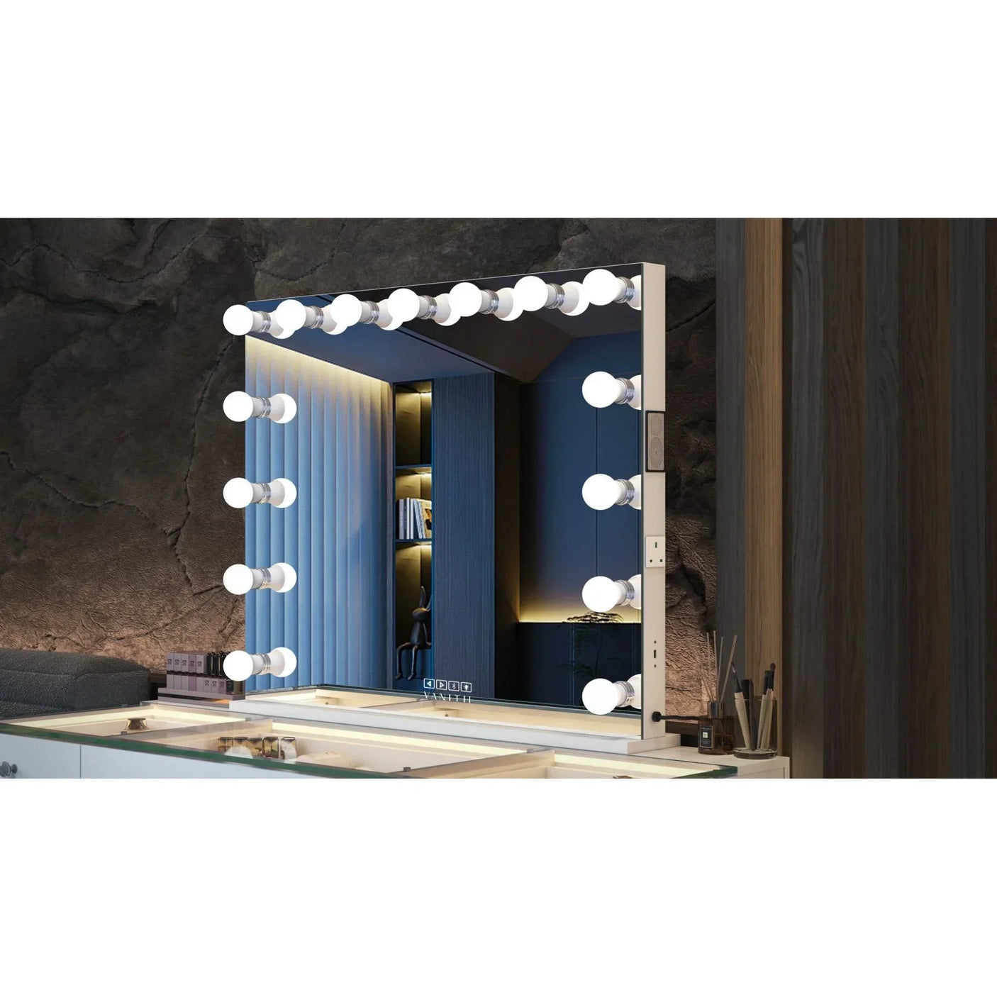 Large illuminated Hollywood makeup mirror with LED bulbs on modern vanity table
