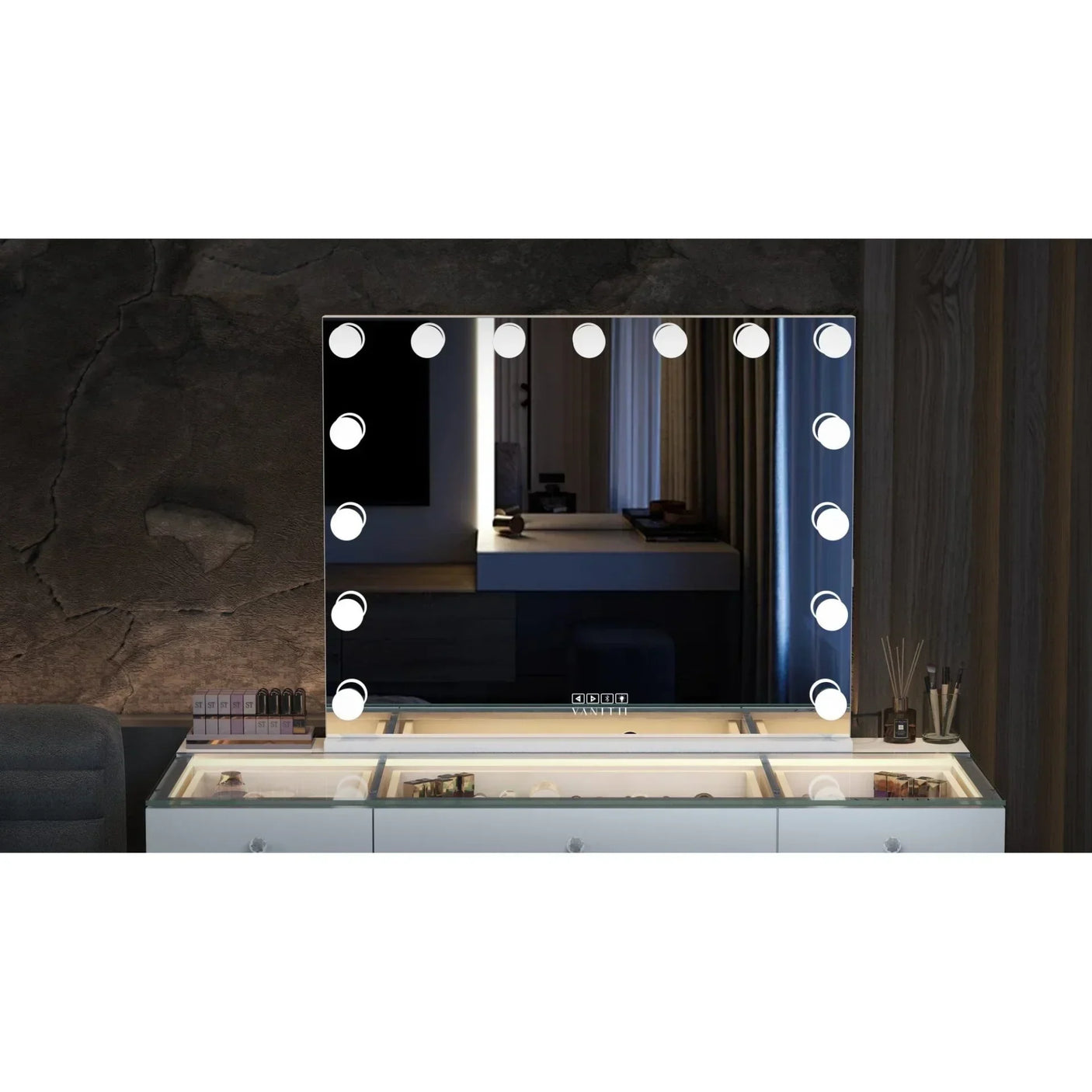 Large dressing table with illuminated Hollywood mirror and glass display drawers