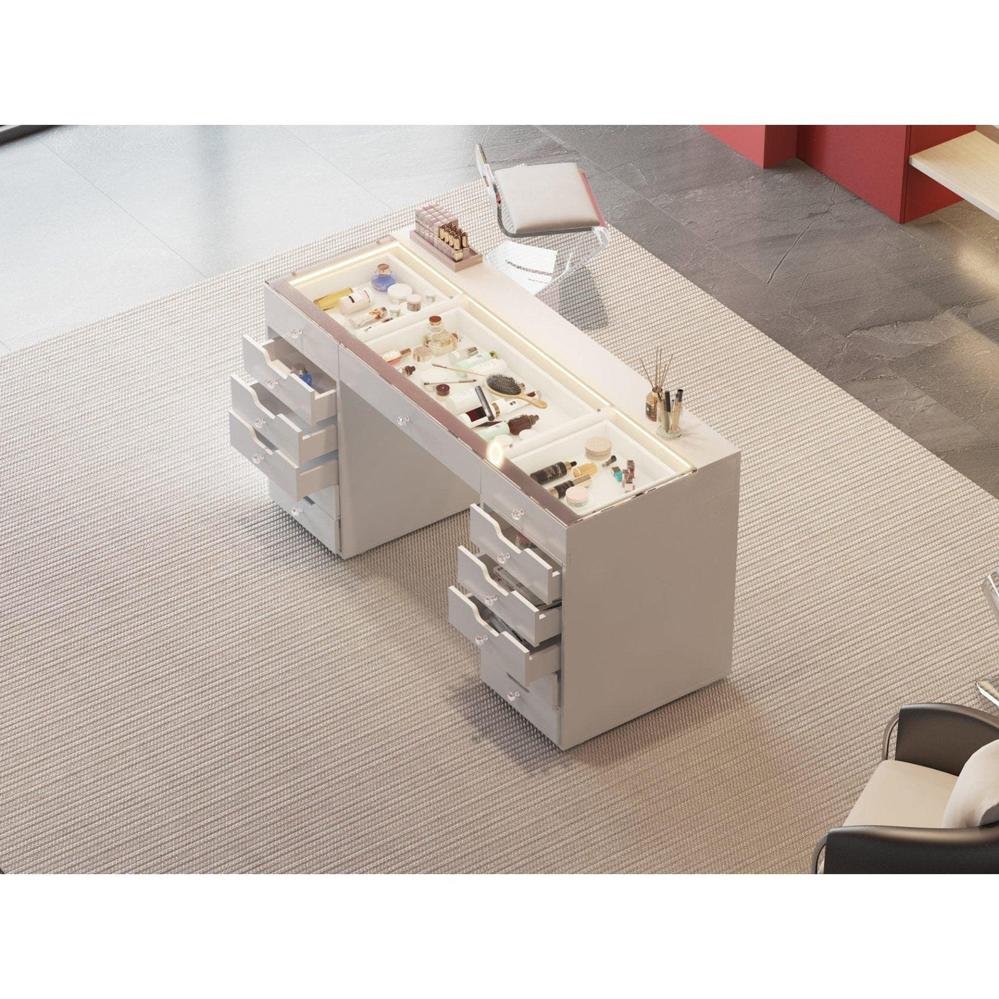 Modern white dressing table with drawers and makeup organiser on beige carpet