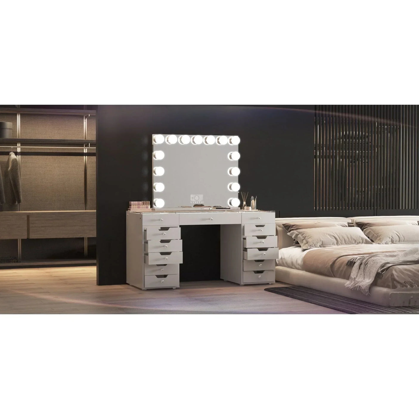 White dressing table with drawers and illuminated mirror in modern bedroom setting