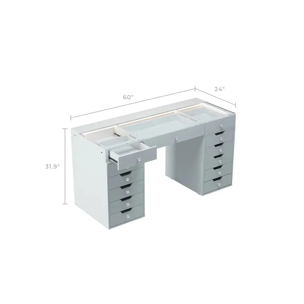 White office desk with drawers and open top compartments, shown with dimensions