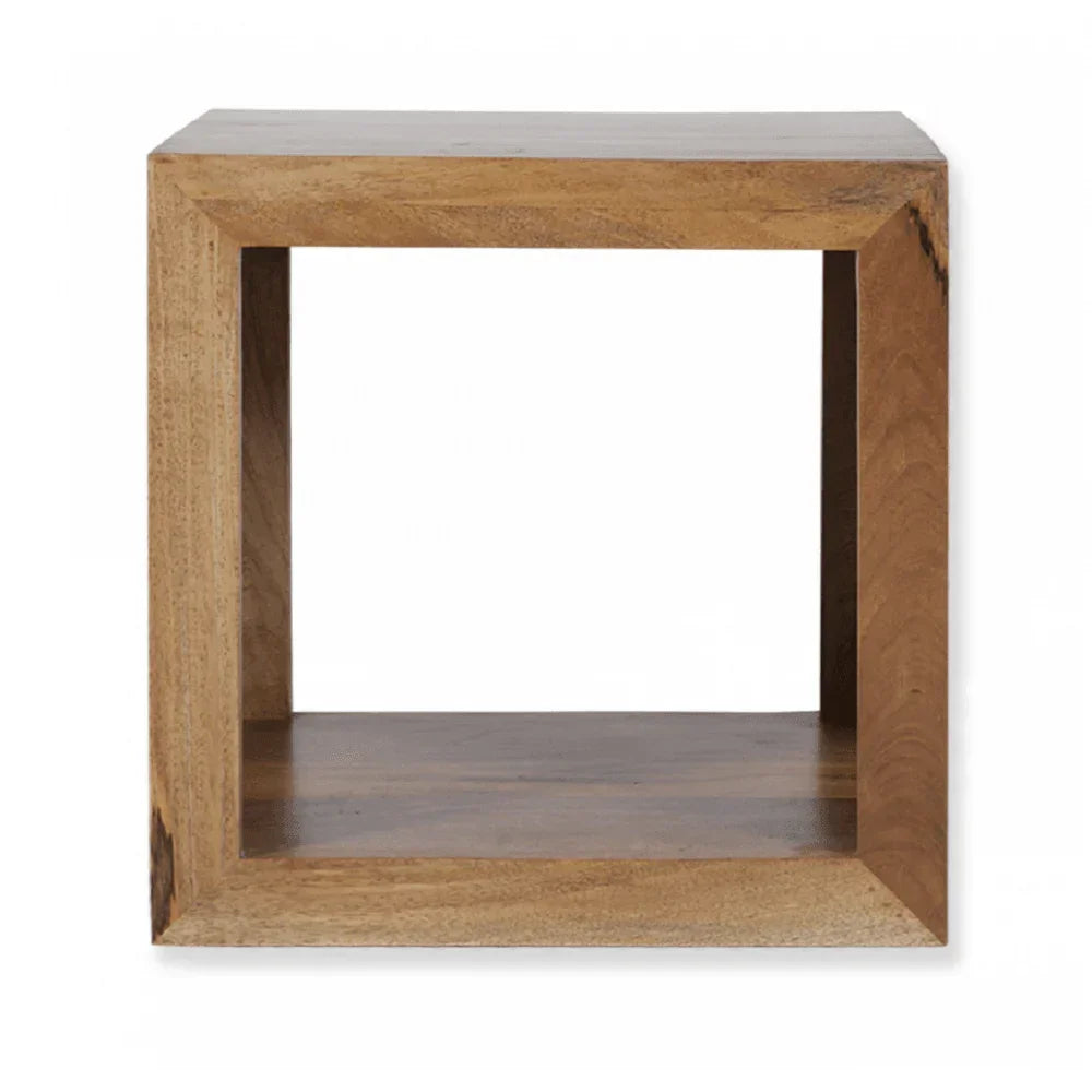 Square wooden side table with open cube design and natural wood grain finish