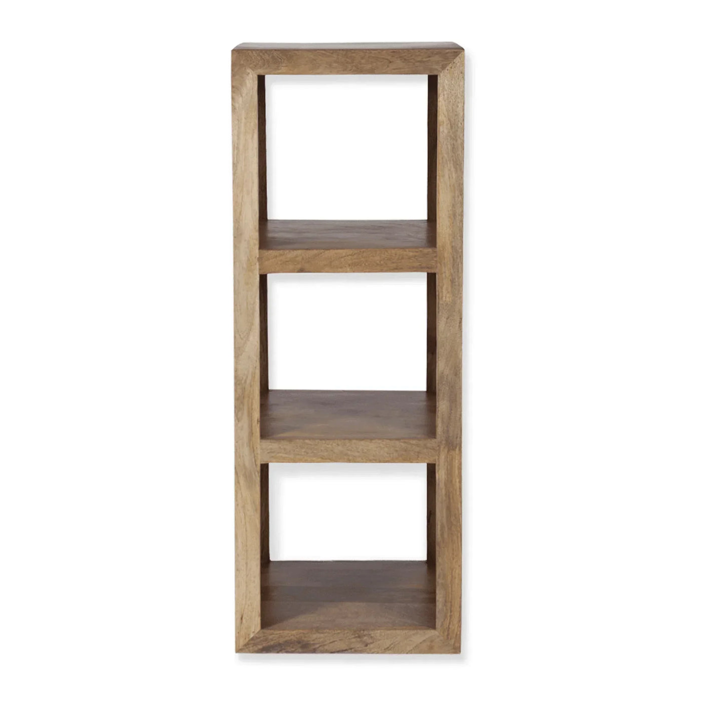 Natural wood shelving unit with three open compartments on white background