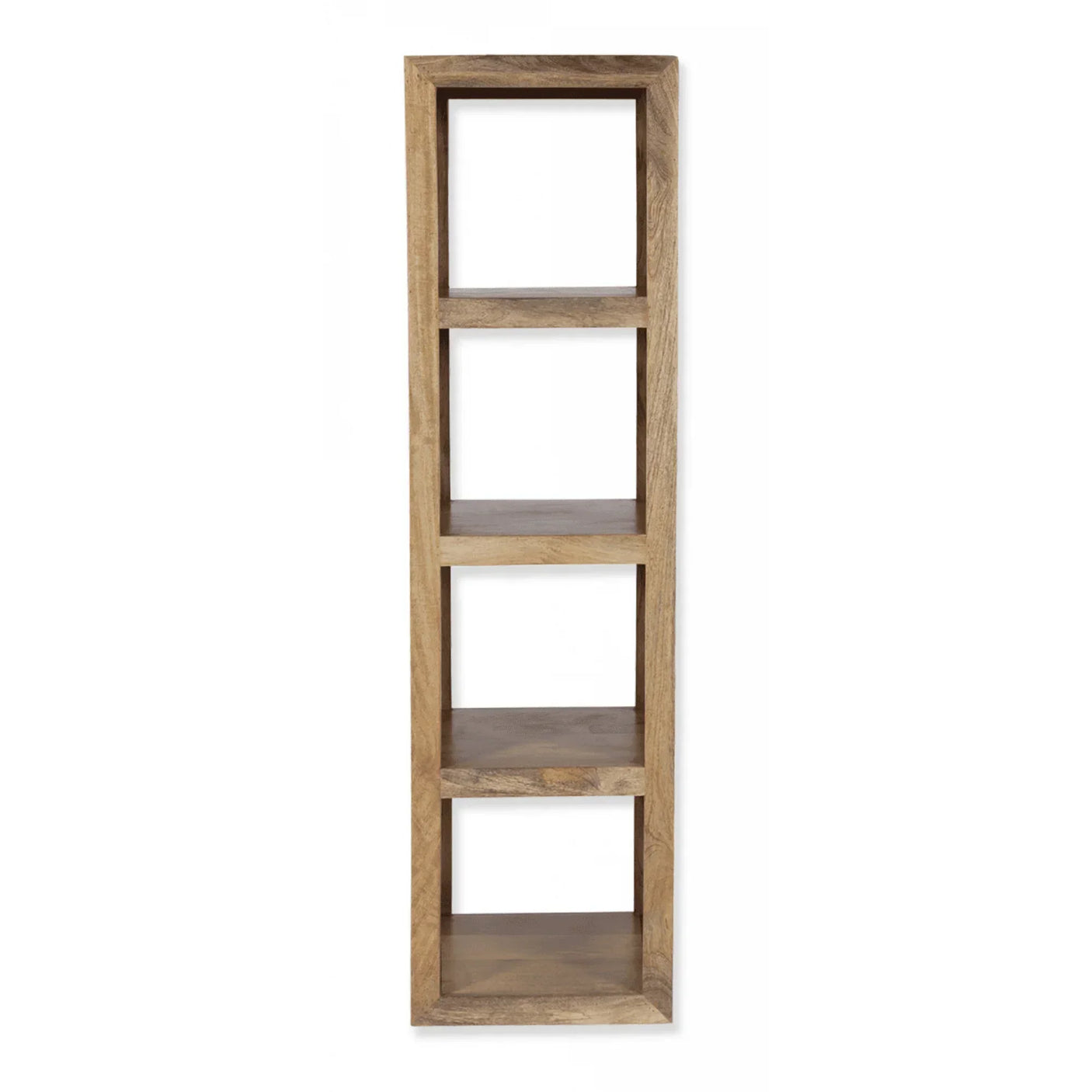 Tall wooden bookcase with four open shelves and natural wood finish
