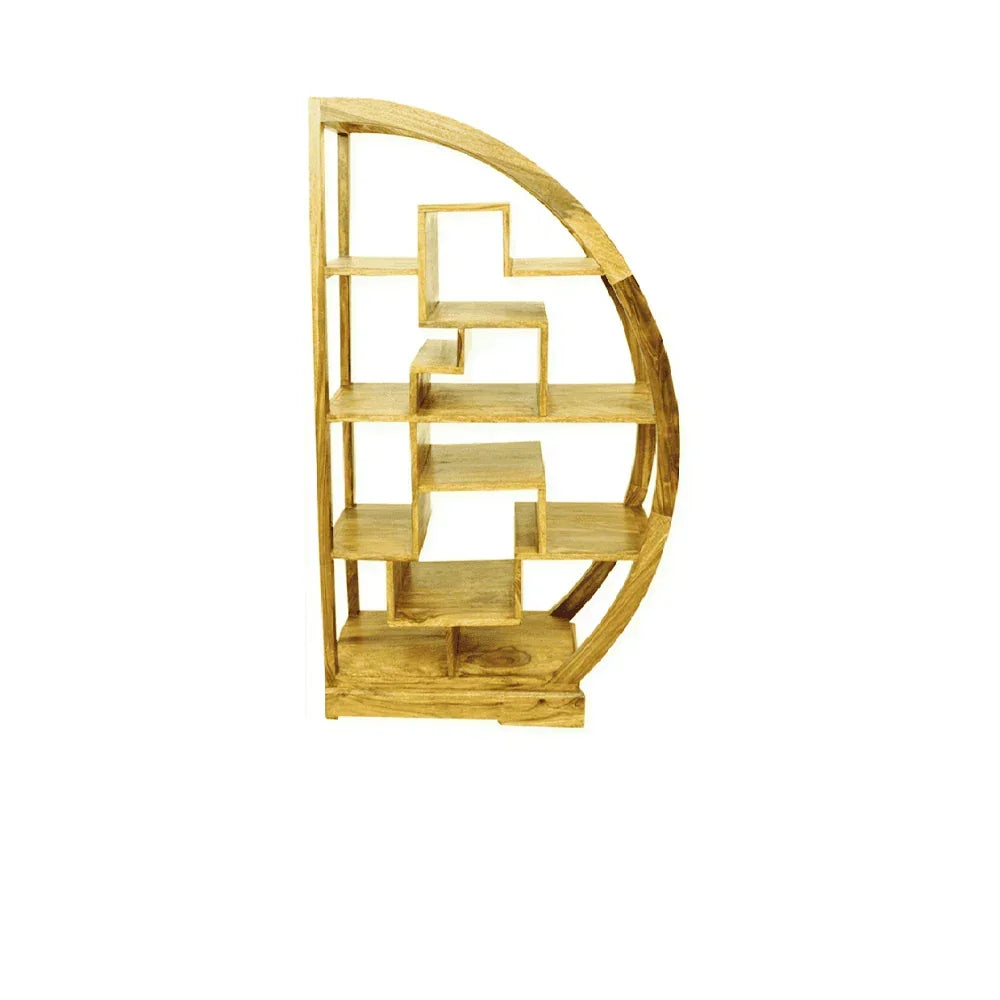 Round mango wood shelving unit with geometric open shelves, angled front view