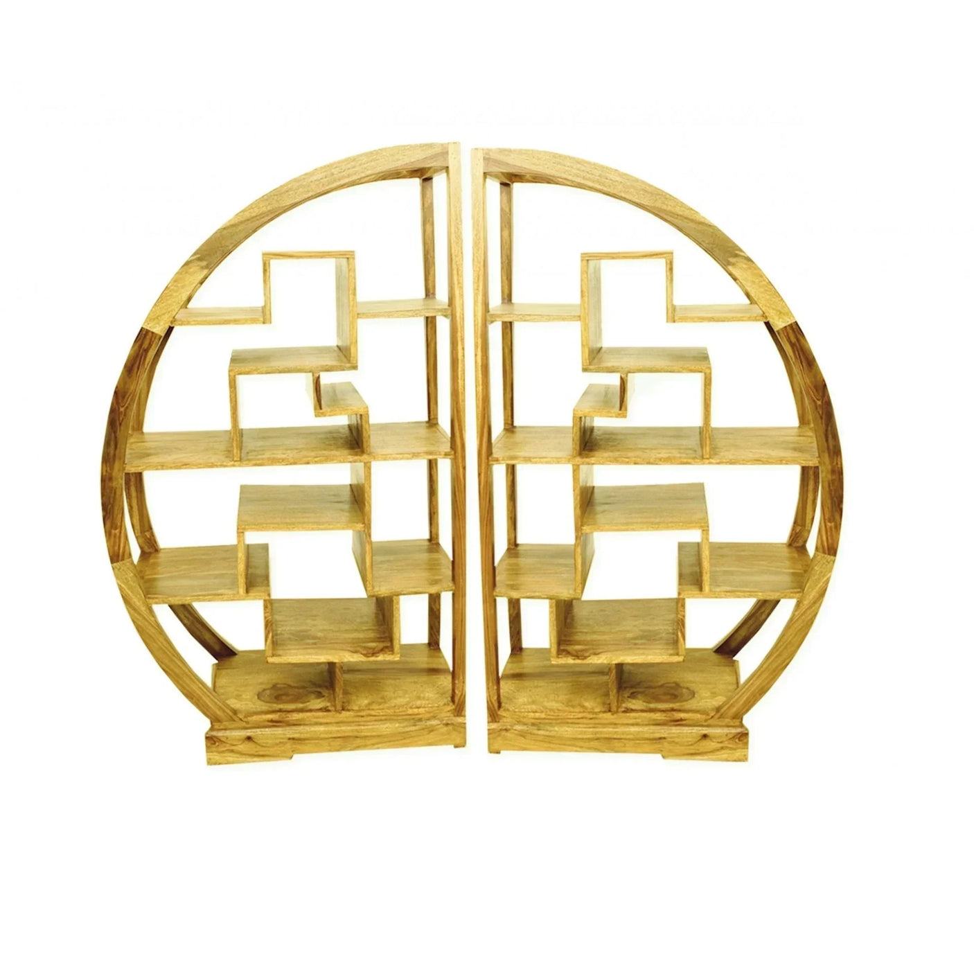 Round wooden bookshelf with geometric open shelves in a symmetrical design