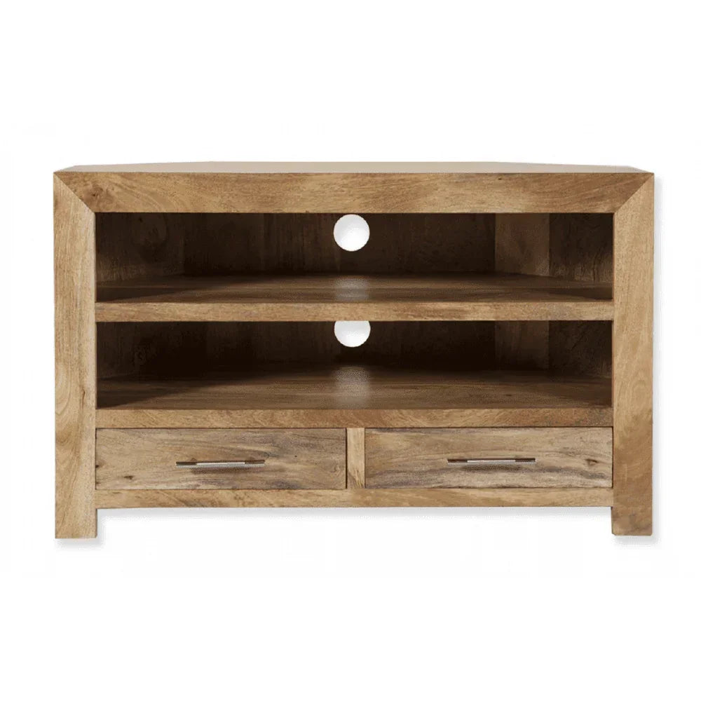 Wooden TV unit with two shelves, cable holes, and two drawers with metal handles