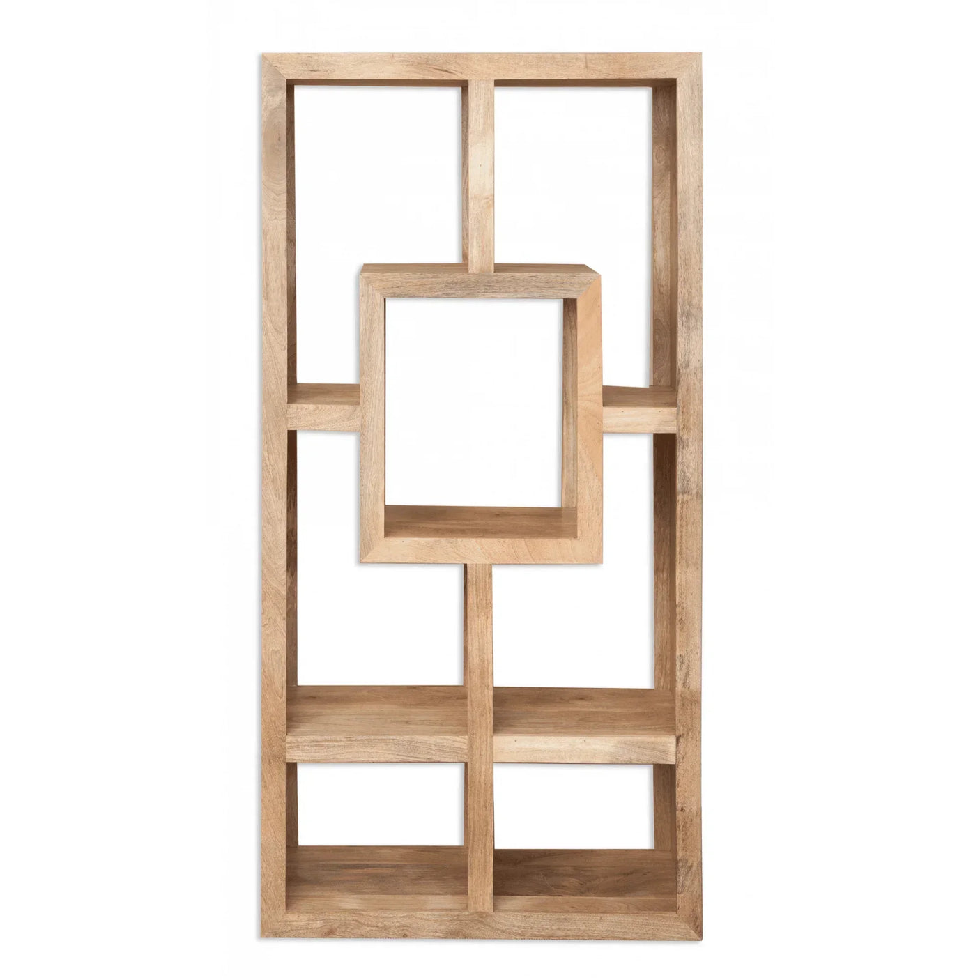 Natural wood bookshelf with geometric open shelving in rectangular and square shapes