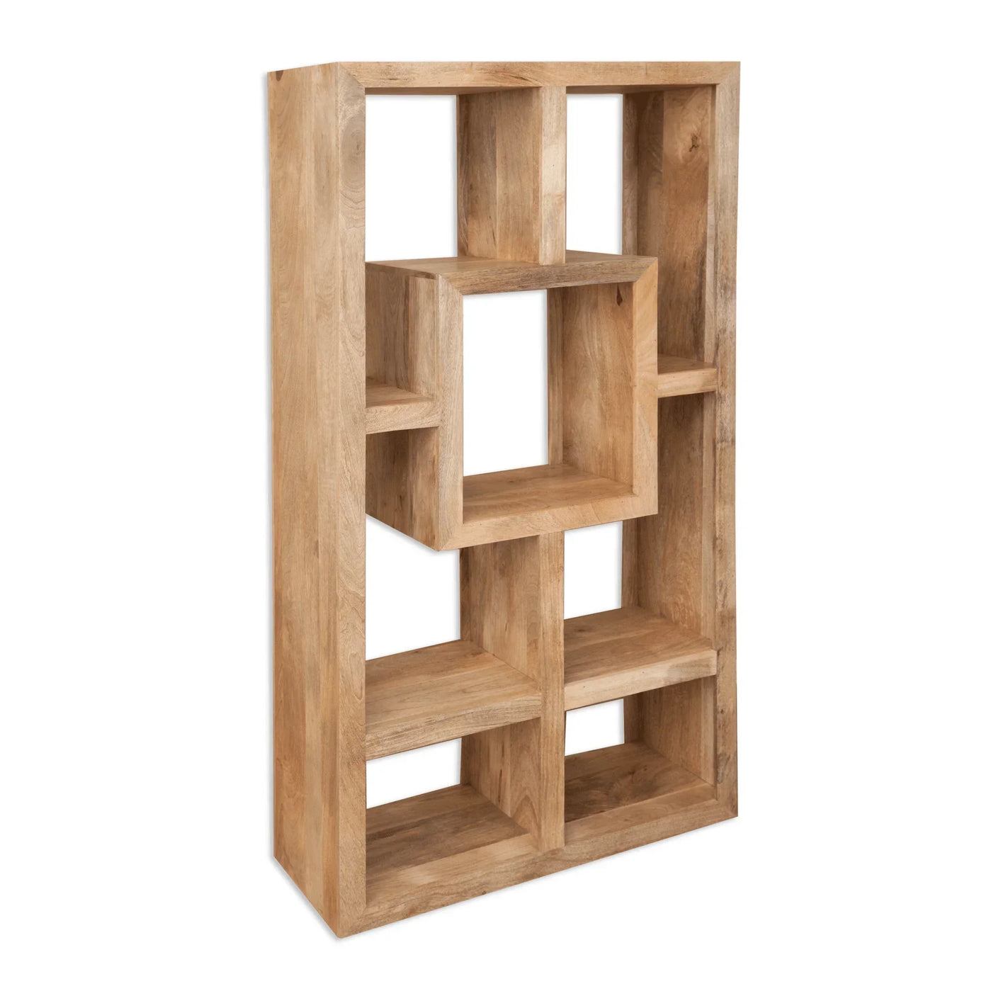 Natural wood bookshelf with open cube compartments and modern geometric design