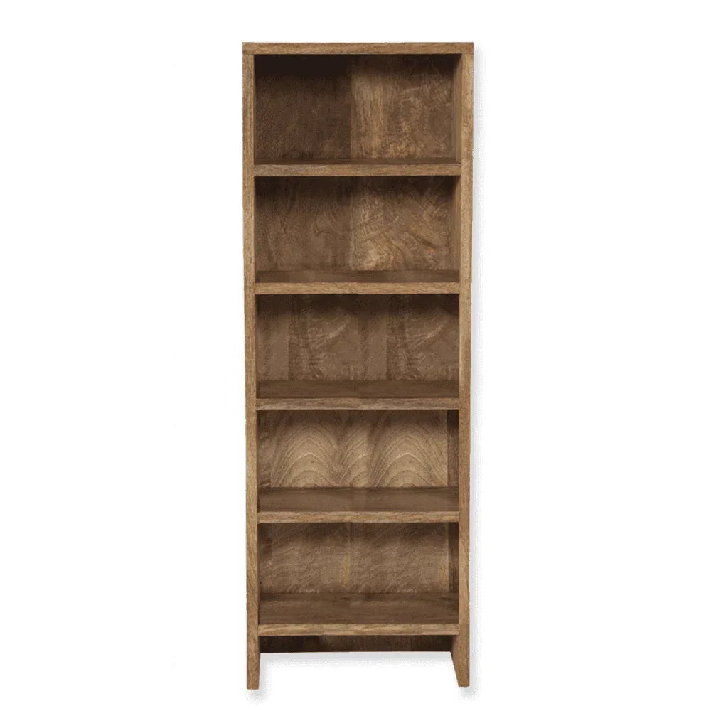 Tall wooden bookcase with five shelves and natural wood grain finish, front view