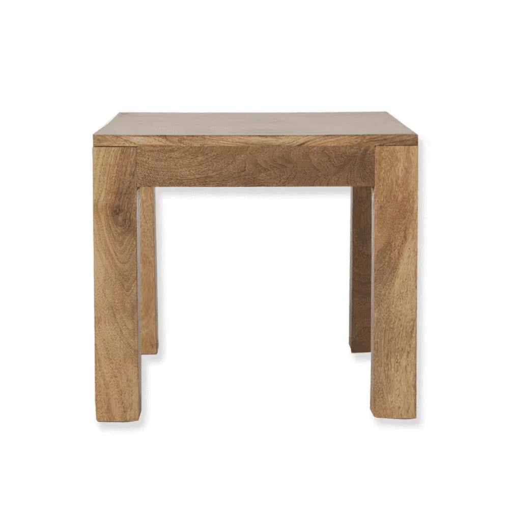 Solid wood side table with natural finish and straight legs, front view
