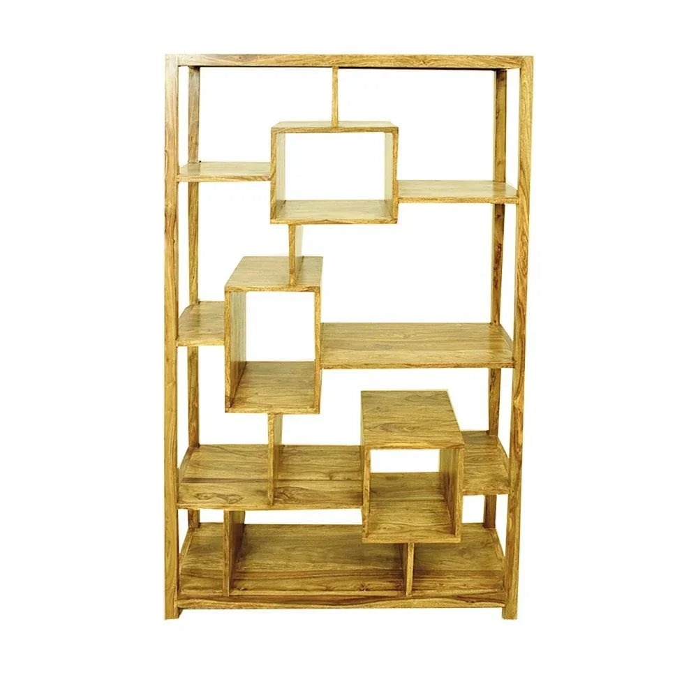 Wooden open shelving unit with geometric design and multiple storage shelves